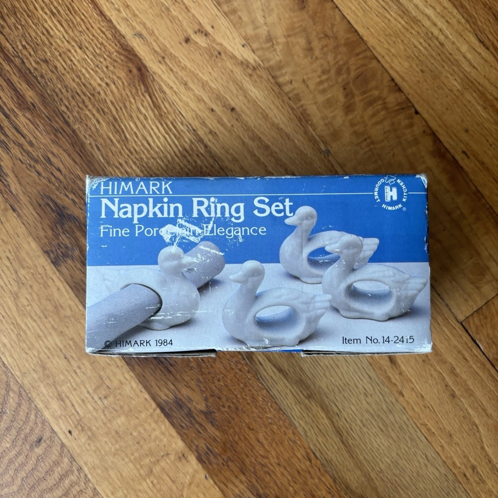Vintage Himark 1984 Fine Porcelain White DuckNapkin Ring Set Of 4 Cottagecore